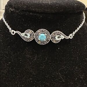 Blue Stone/Crystal Art Deco Wrist/Ankle Bracelet w/Adj Chain on Round Slider NEW